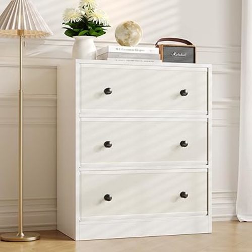 3 Drawers Fabric Dresser for Bedroom, Small Dresser with PU & Fabric Drawers, Modern Closet Dressers for Bedroom, White