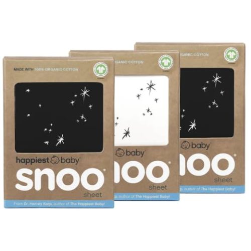 Happiest Baby SNOO Bassinet Fitted Sheet - 100% Organic Cotton Nursery Bedding - Fits SNOO Sleeper Crib Mattress - 3-Pack Bundle (Black (2), Ivory Stars (1))
