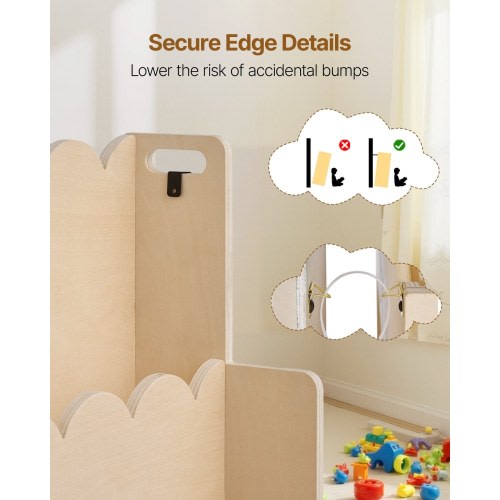 Montessori Bookshelf, 3-Tier Scalloped Kids Bookshelf, Front Facing Toddler Bookcase, Dual Hooks for Hanging Backpacks