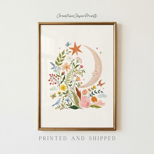Moon and Stars Nursery Wall Art | Celestial Floral Nursery Print | Moon Nursery Decor | Whimsical Baby Girl Room Art