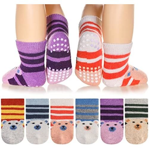 Eyean Baby Wool Grip Sock Soft Winter Warm Thick Non Slip Toddler Boy Girls Crew Socks For Children 6 Pairs
