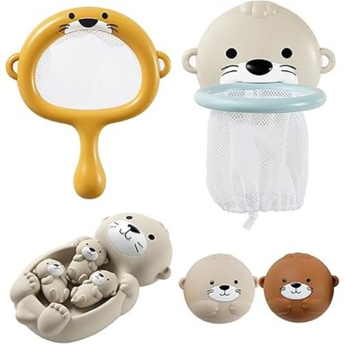 Otter Bath Toy, Otter Family Tub Toy Bathtub Floating Toy for Kids - Soft Vinyl and ABS Plastic Material - No Hole One-Piece Design (Otter Playset + Baketball Hoop + Fishing Net + 2 Balls)
