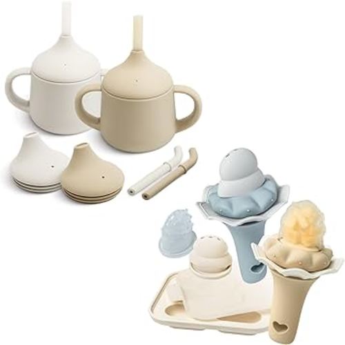 Moonkie Baby Straw Cup & Fruit Feeder Bundle | 2-Pack Silicone Toddler Sippy Cups with Straw Lid + BPA-Free Silicone Baby Food Feeder with Freezer Tray | Ideal for Baby Led Weaning & Introducing New F