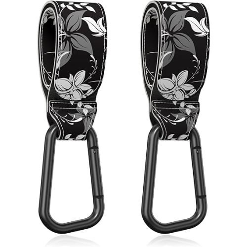 Gukeniu Baby Stroller Hooks for Hanging Bags, Universal Stroller Clips Accessories, Mommy Hook for Diaper Bag, Shopping Cart, Purse, Backpack - 2 Pack, Black Flower