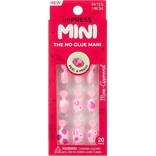 Kiss Impress No Glue Mani Press On Nails, Mini, 'Berry Cute', Pink, Kids Size, Squoval Shape, Includes 20 Nails, 1 Mini File