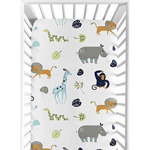 Sweet Jojo Designs Safari Animals Boy Baby Fitted Crib Sheet for Infant Newborn Nursery Toddler Bed Room Standard Mattress - Turquoise and Navy Blue Mod Jungle Lion Monkey Giraffe