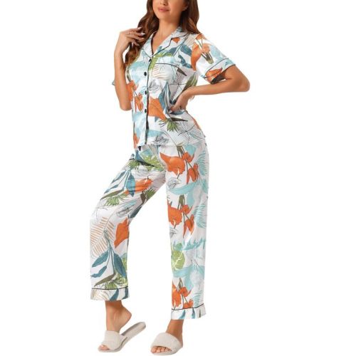 cheibear Women's Summer Satin Button Down Short Sleeve Tops with Pants Silky Lounge Pajama Sets