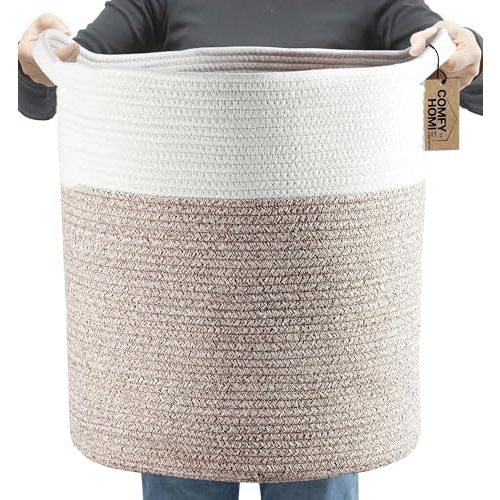 COMFY-HOMI XXL Large Laundry Basket with Handles Blanket Baskets Living Room|Woven Cotton Rope Decorative Basket Laundry Hamper Baby Basket Nursery Dog Toy Storage Organizer Bin-16”x18”-White Brown