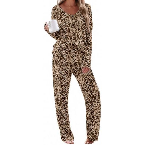 Ekouaer Womens Pajama Sets Button Up Long Sleeve Lounge Set Soft V Neck Pj