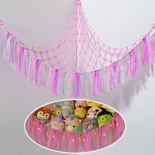 Stuffed Animal Storage Macrame Boho Plush Toy Net Hammock for Stuffed Animals with Light Pet Net for Stuffed Animals Corner Hanging Stuffed Animal Holder Teddy Bear Net for Kids Room