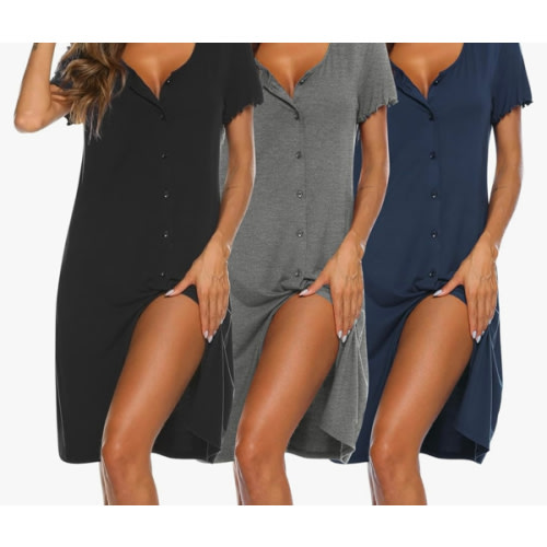 Ekouaer 3 Pack Women's Button Down Nightgowns Short Sleeve Night Shirts for Women Sleepwear V Neck Sleep Dress