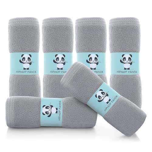 HIPHOP PANDA Baby Washcloths, Rayon Made from Bamboo - 2 Layer Ultra Soft Absorbent Newborn Bath Face Towel - Reusable Baby Wipes for Delicate Skin - Grey, 6 Pack