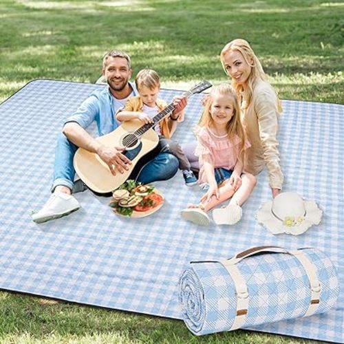 G GOOD GAIN Picnic Blankets Outdoor Extra Large - 80"x80" Portable Waterproof Picnic Blanket, Machine Washable 3-Layer Foldable Park Mat with Sandproof Backing for Grass, Hiking, Travel (Sky Blue)