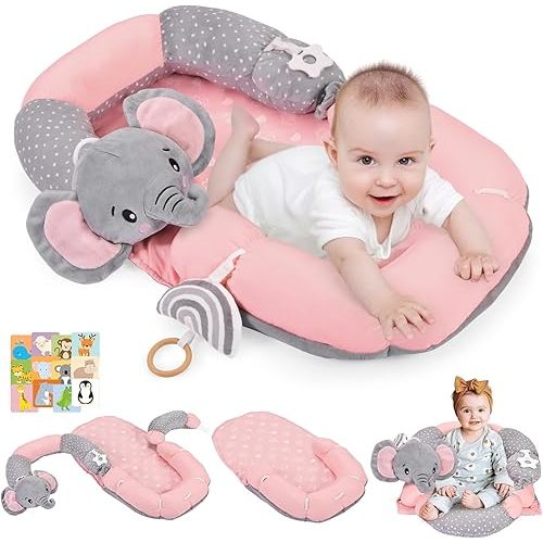 4 in 1 Tummy Time Mat & Seated Support Pillows with Educational Cards, Play Mat, Sitting Support for Newborn 0-12 Months, Infant Baby Sit Me Up Floor Seat, Sensory Development Gifts Play Toys,Elephant