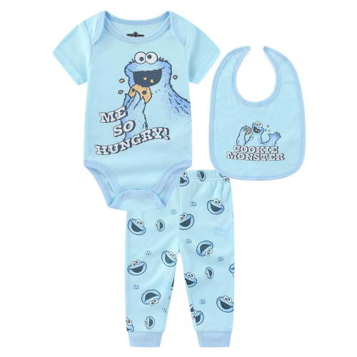 Sesame Street Cookie Monster Bodysuit with Bib and Pants Set (Baby Boys), 3 Piece Set, Sizes 3M-12M