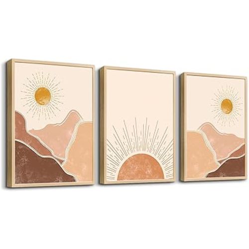 Natural Wood Framed Boho Wall Art for Bedroom, Living Room, Minimalist Office Decor - Abstract Mountain Sunshine Decorations Paintings Pictures for Girl Room Home Decor - 3 Piece