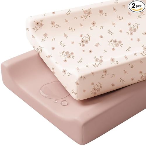 Konssy Waterproof Changing Pad Covers 2 Pack, PU-Coated Wipeable Diaper Changing Table Sheets for Baby Girls Boys, Boho Nursery Gift Set, Fits Standard 16x32 inches (Blossom)