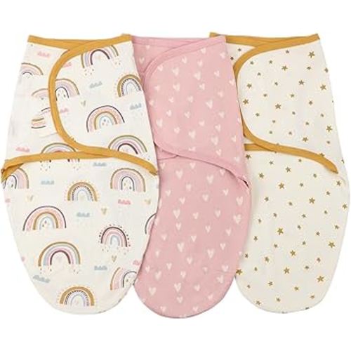 insular Baby Swaddle Sacks, Swaddle Blanket for Newborn and Infant, Adjustable Velcro Set for Boy and Girl, Soft Cotton Baby Sleep Sack 3 Pack (Rainbow&Pink Love, Small(0-3M))
