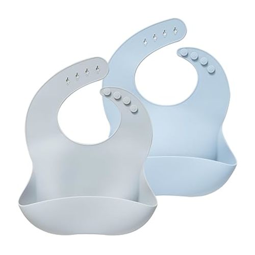 Moonkie Silicone Baby Bibs Set of 2, BPA Free Waterproof Baby Bibs for Eating, Soft Adjustable Silicone Bibs for Babies 6-12 Months, Toddler Bibs with Large Pocket Food Catcher (Light Grey/Blue Fog)