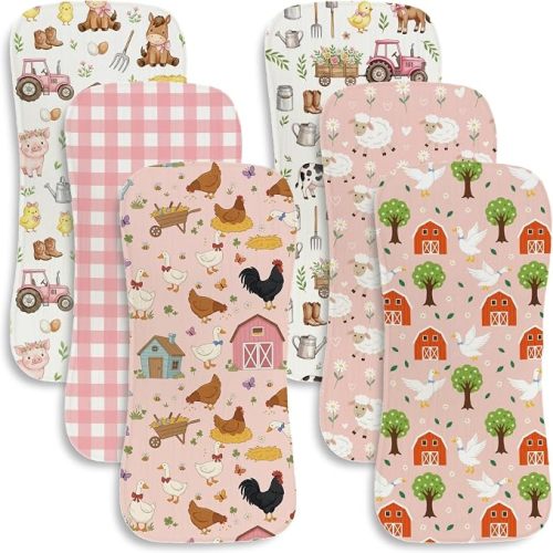 6 Pack Baby Burp Cloths for Girls, Pink Farm Animal Theme Large Cotton Absorbent Burping Rags for Newborn, Soft Contoured Spit Up Cloths with Barn Tractor Print, Western