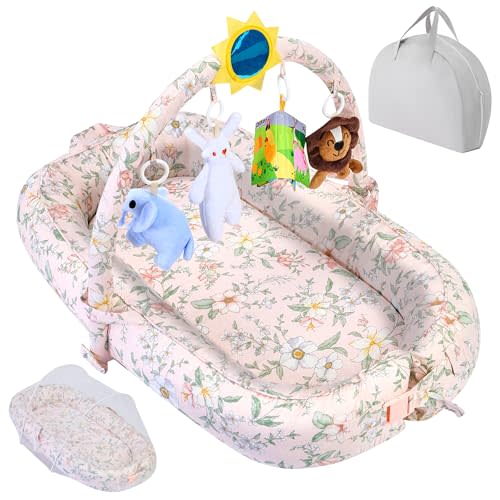 Portable Baby Lounger for Travel,Breathable & Comfortable 100% Cotton Infant Lounger, Baby Nest 0-24 Months Machine-Washable Newborn Lounger,Newborn Essentials,Supervised Use