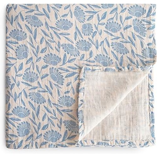 mushie Muslin Baby Swaddle Blanket | 100% Organic Cotton (Blue Flowers)