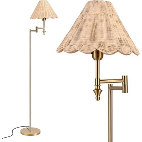 Boho Rattan Floor Lamp with Swing Arm, Natural Standing Lamp with Adjustable 310° Arm, Hand Woven Shade and Gold Metal Frame, 63" Tall Reading Floor Lamp for Living Room Bedroom Reading Nook