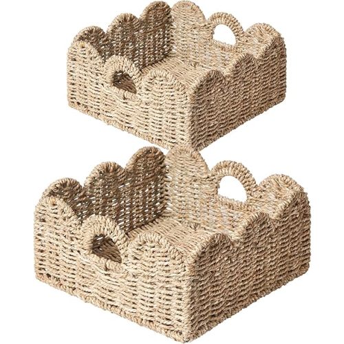 Scalloped Basket 2 Pack Wicker & Rattan Storage with Built-in Handles, Decorative Woven Seagrass Basket for Nursery & Bathroom Organization