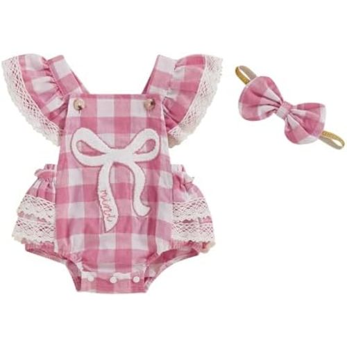 Baby Girl Valentines Day Romper Ruffle Sleeveless Bow Embroidery Lace Trim Backless Boho Bodysuit Summer Clothes