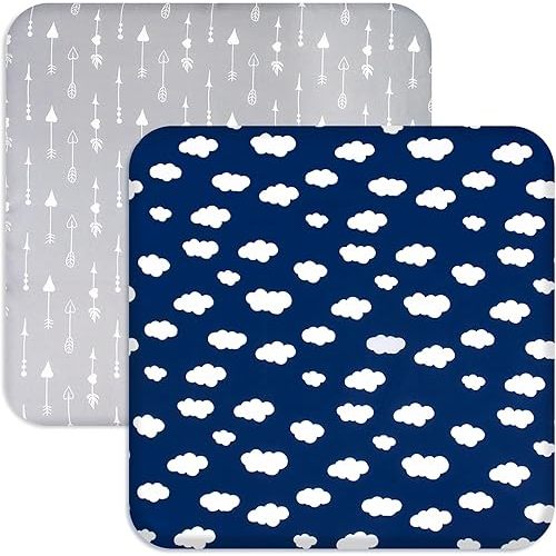 Square Playard/Playpen Fitted Sheets, Perfect for New Room2 / TotBloc Portable Playard, 2 Pack, Ultra Soft Microfiber, Fitted Playpen Sheet, Navy Cloud and Grey Arrow