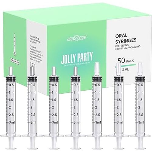 JOLLY PARTY 50 Pack 3ml Syringes with Caps, 3cc Syringe Needleless, Small Oral Syringe with Tip Cap Individually Wrapped for Scientific Labs, Liquid Measuring, Pet Feeding, Oil & Glue Dispenser