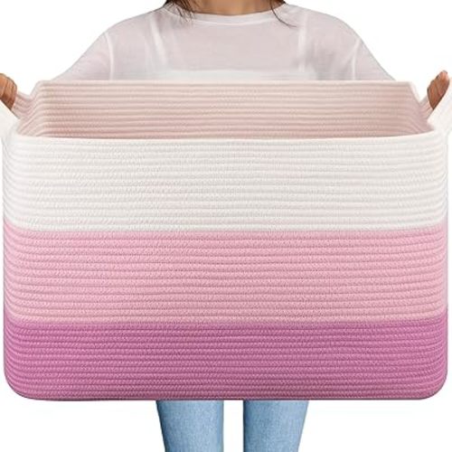 OIAHOMY Extra Large Blanket Basket, 95L Cotton Rope Woven Laundry Basket, Toy Bin for Baby Room, Container for Blanket Storage in Living Room, 24''×17''×14'', Gradient Pink