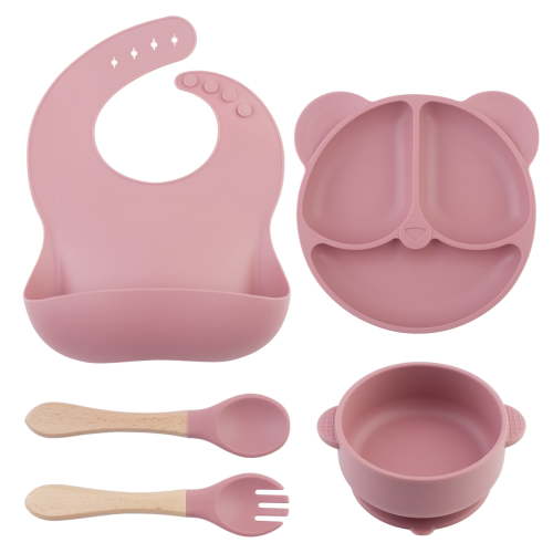 Silicone Baby Feeding Set, Food Grade Silicone Suction Bowl, Divided Suction Plates, Bib, Spoons Set, Toddlers Self Feeding Supplies Set - Rose Red