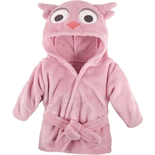 Hudson Baby Unisex Baby Plush Animal Face Bathrobe, Pink Owl, 0-9 Months