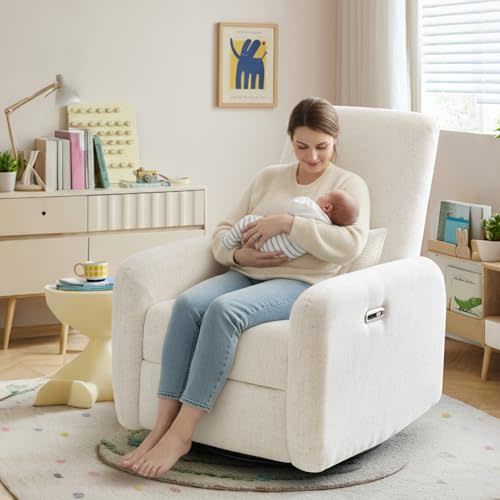 K Knowbody Nursery Rocking Chairs, 270° Large Power Swivel Glider Rocker Recliner w/USB & Type-C Charging Port, Rotating Rocking Reclining Nursing Chair for Breastfeeding, Living Room,Bedroom,Beige
