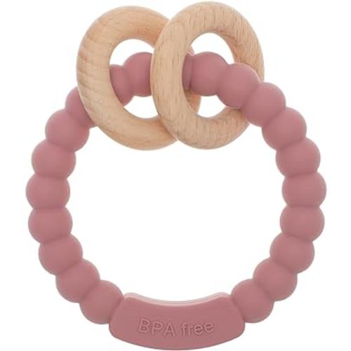 Baby Teether, One Piece Design Silicone & Beech Teething Ring Toy for Babies, BPA Free (Power Rose)