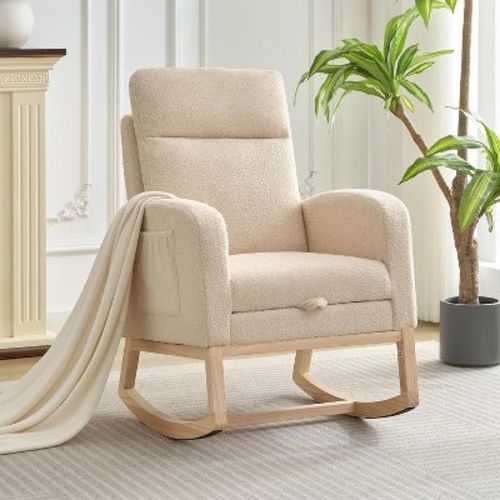 Rocking Chair Nursery Chair with Foot Rest, Recliner Armchair with High Backrest& Wood Legs and Side Pocket for Living Room, Bedroom,Grey