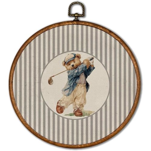 KSDUT Vintage Bear Golf Wall Art Decor - Retro Sports Trendy Wall Art Canvas Frame Hanging Prints, Nursery Sports Gallery Round Artwork Decor for Boys Room Home Decorations 10"x10"