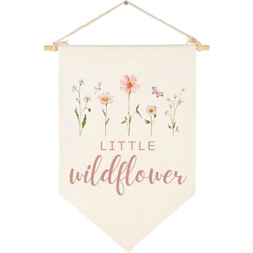 Wildflower Nursery Decor Baby Stuff, Boho Girls Decor, Wildflower Flag Sign, Canvas Banner Wall Decor for Baby Shower, Birthday Party