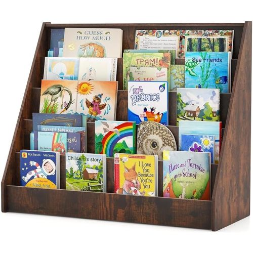 Costzon 5-Tier Kids Bookshelf, Wooden Children Bookcase, Toddler Book Rack, Magazine Storage & Display Shelf, Book Shelf for Kids Room, Living Room, Nursery, Classroom (Brown)