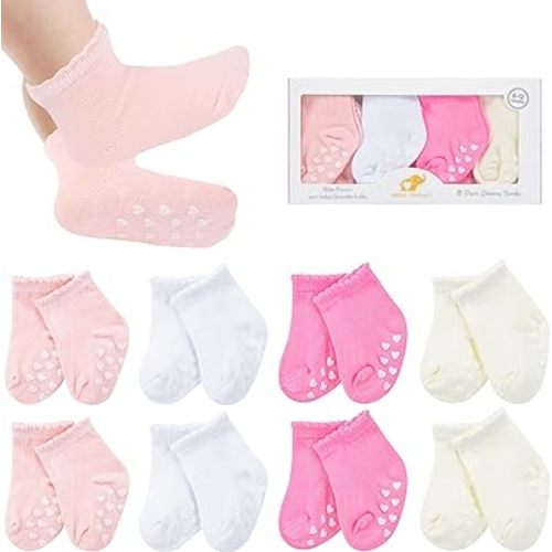 8 Pairs Baby Socks with Grips Cotton Non Slip Walking Socks Cute Gifts for Newborn Infant Girl Boy