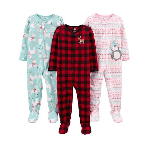 Simple Joys by Carter's Toddlers and Baby Girls' Loose-Fit Flame Resistant Fleece Footed Pajamas, Pack of 3