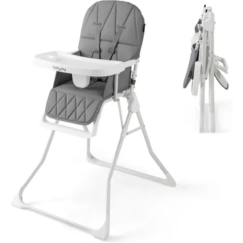 BABY JOY Foldable High Chair, Portable Highchairs for Babies and Toddlers with 3-Position Adjustable Tray & Footrest, Removable Seat Cushion, 5-Point Safety Harness, Space Saving Design (Gray)