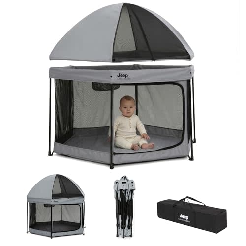Jeep Hexagon Pop Up Play Yard with Removable Canopy | Ideal for Indoor and Outdoor Use, Grey