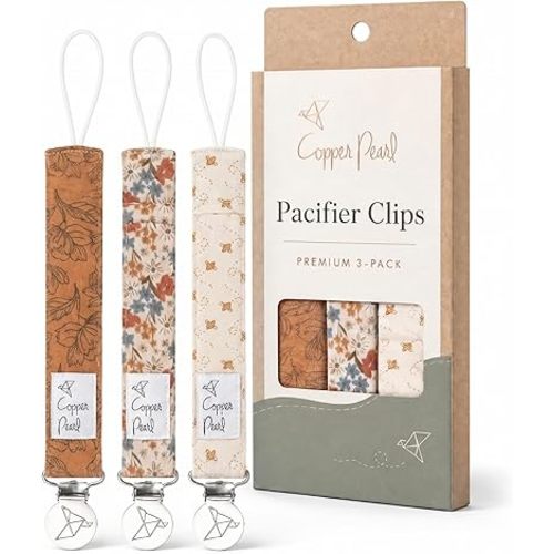 Copper Pearl Pacifier Clip 3-Pack, Premium Knit Binky Clips for Baby Girls and Boys, Baby Pacifier Holders for No More Floor Drops, Eden