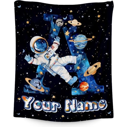 Personalized Boys Blanket for Planet Lovers - Planet Blankets Gifts for Kids - Custom Initial Throw for Son - 40"x50" Monogram Gift with Name for Couch, Sofa