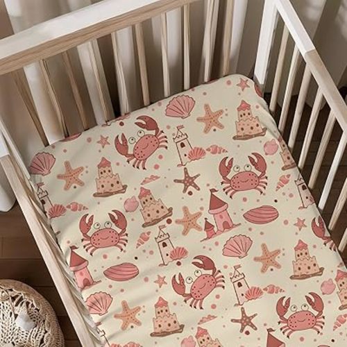 Cartoon Beach Crab Starfish Seashells Sandcastle Pattern Baby Sheets for Crib, Unisex Ocean Sea Animal Nursery Fitted Bed Sheet for Boys Girls Standard Crib and Toddler Mattress-28x52