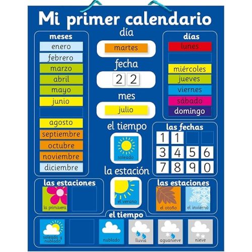 Fridge Magic Magnetic My First Learning Calendar in Spanish. Rigid Board 16" x 13", 40 x 32cm with Hanging Loop. Move Magnets Daily to Show Day, Date, Month, Season and Weather