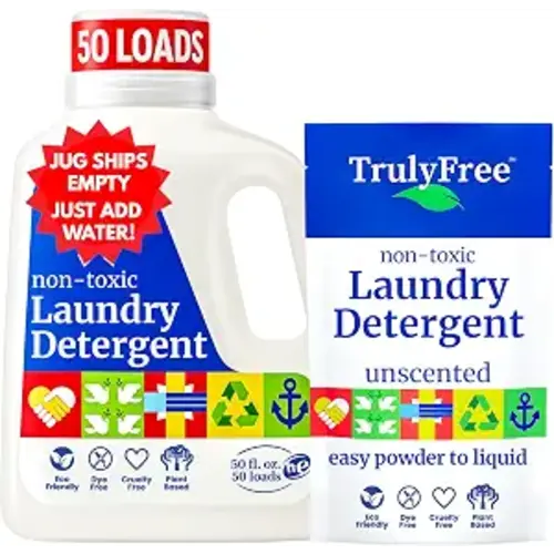 Truly Free Natural Laundry Detergent for Sensitive Skin | Eco Friendly, Plant Based, Baby Clothes Safe | Clean & Easy Powder to Liquid, 1 Pack Detergent + 1 Empty Reusable Jug | Unscented, 50 Loads
