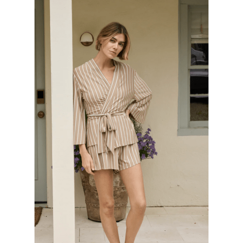 LAKE | Women | DreamModal Pajamas | Sandstone Vertical Stripe Kimono Shorts Bundle